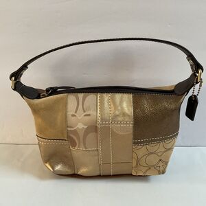 Coach Y2K Gold Patchwork Suede Canvas Metallic Leather Baguette Demi Mimi Bag